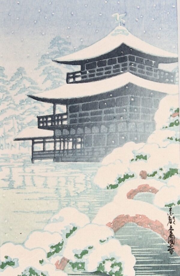 anonimowy drzeworyt – barwny z motywem świątyni zimą – drzeworyt barwny, lata 30. xx wieku